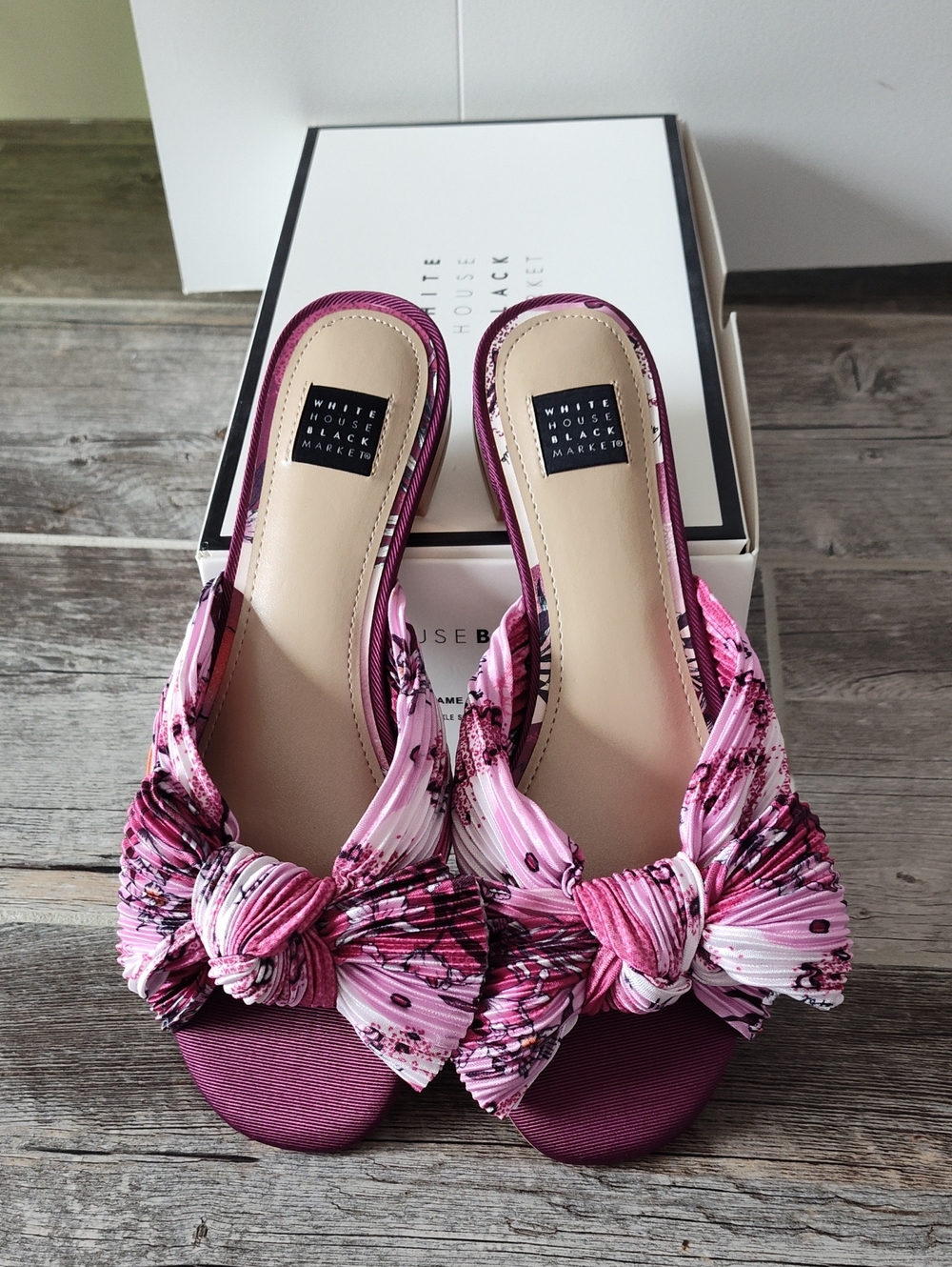 White House Black Market Pink Floral Knot Slide Mules